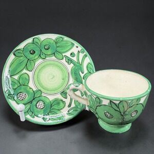 Vintage Italian Pottery Hand Painted Green Floral Espresso Cup and Saucer Set